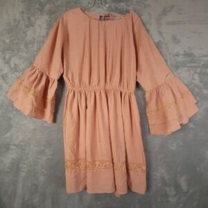 Free The Roses Dress Womens Fit & Flare Pink Mini Keyhole 3/4 Sleeve Lace L New